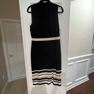 Preowned WHBM black mock neck dress w leather zipper trim size 10